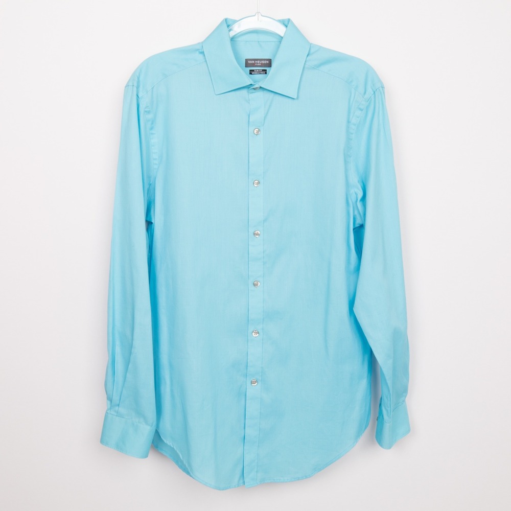 Van Heusen Flex Dress Shirt Slim Fit Wrinkle Free Aqua Blue 15 1/2‎ 32/33
